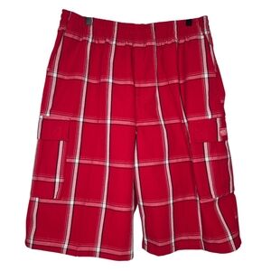 Shaka Wear Mens 12" Red Plaid Pull On Relaxed Fit Twill Cargo Shorts Size Large